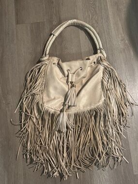 Boho Fringe Shoulder Bag in Light Beige